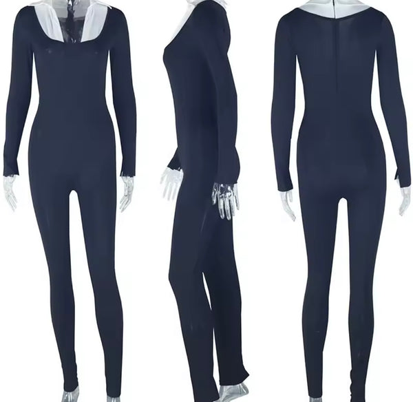 Women B&W Collar Full Sleeve Fashion Jumpsuit
