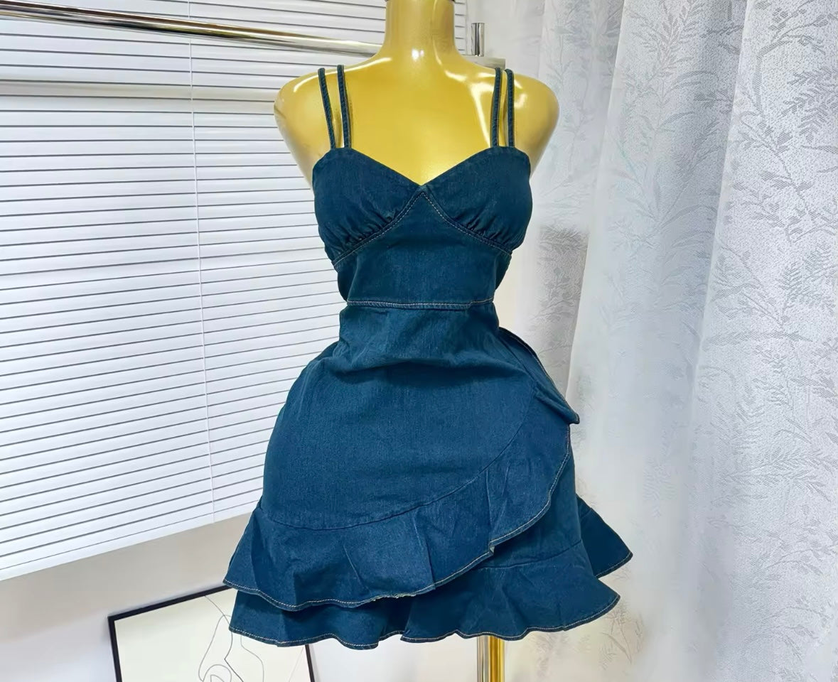 Women Sexy Sleeveless Ruffled Denim Dress