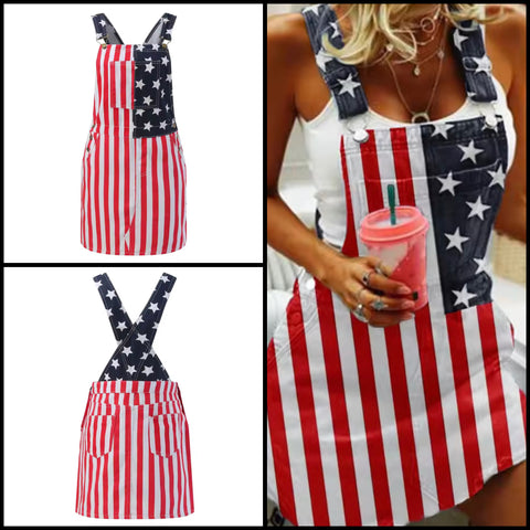 Women Fashion Sleeveless Flag Denim Overall Dress
