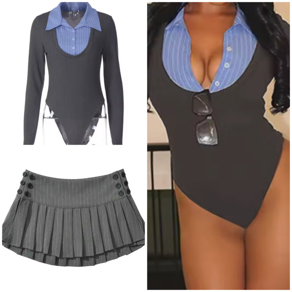 Women Sexy Striped Full Sleeve Bodysuit Two Piece Pleated Skirt Set