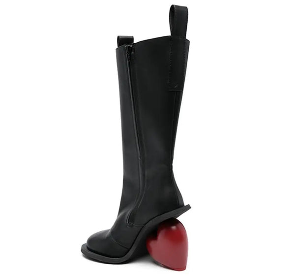 Women Fashion Faux Leather Heart Heel Knee High Boots