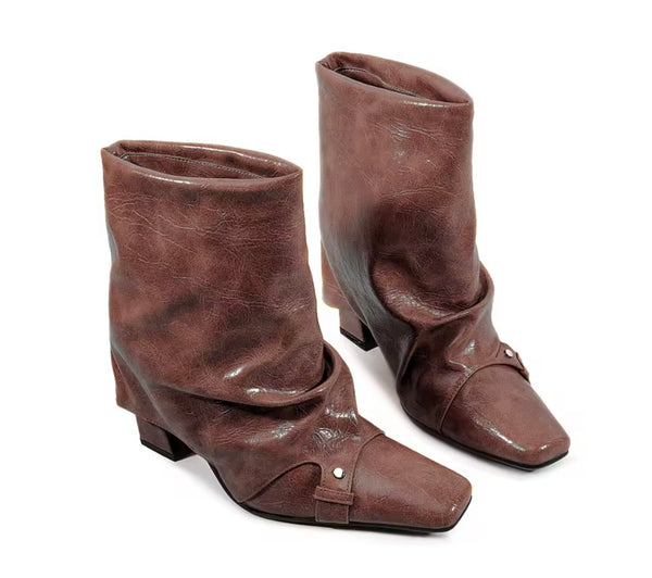 Women Color Square Toe Fashion Faux Leather Ankle Boots