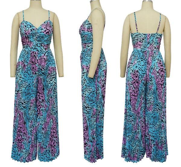 Women Sexy Sleeveless Printed Pleated Wide Leg Jumpsuit