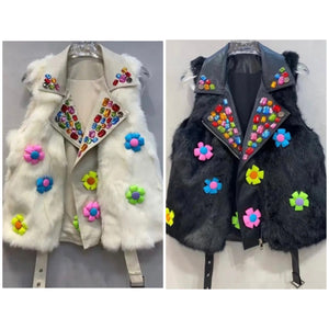 Women Fashion Sleeveless Multicolored Gem Floral Faux Fur Vest Jacket