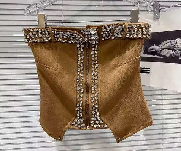 Women Fashion Strapless Suede Rhinestone Crop Top