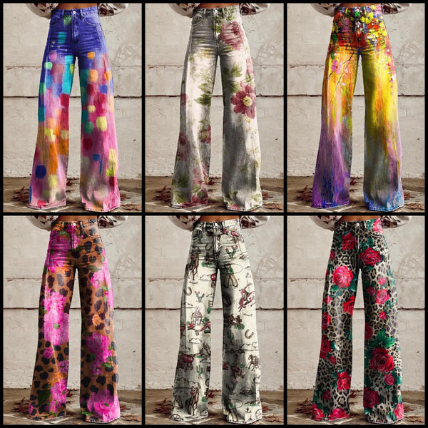 Women Fashion Colorful Print Wide Leg Pants