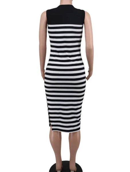 Women Sexy Sleeveless B&W Striped Side Split Dress