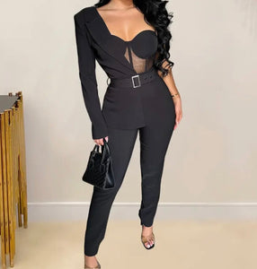 Women Sexy One Shoulder Full Sleeve Mesh Patchwork Blazer Jumpsuit