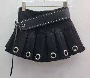 Women Sexy Fashion Belted Rivet Denim Pleated Skirt