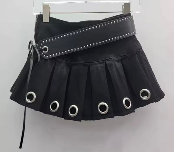 Women Sexy Fashion Belted Rivet Denim Pleated Skirt
