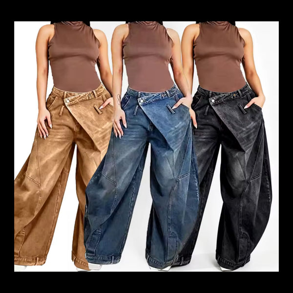 Women Fashion Denim Wrap Wide Leg Pants