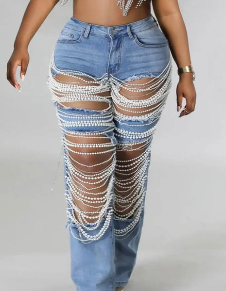 Women Fashion Beaded Pearl Ripped Denim Pants