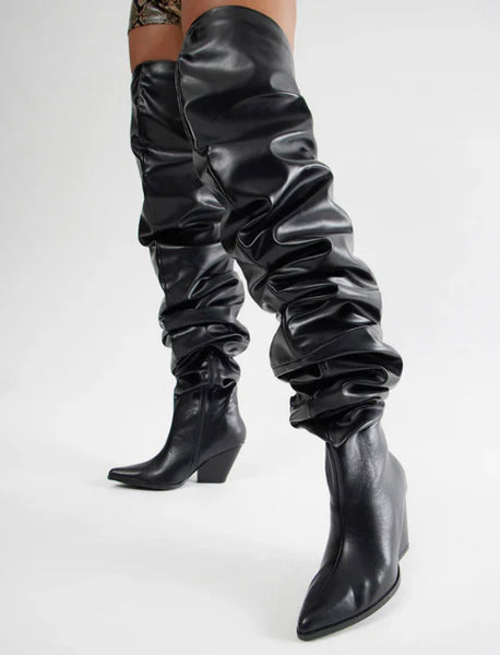 Women Black Over The Knee Faux Leather Western Boots
