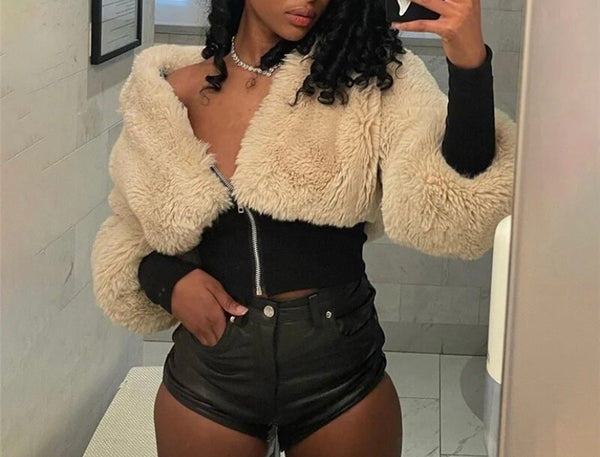 Women Fashion Faux Fur Full Sleeve Zip Up Crop Top