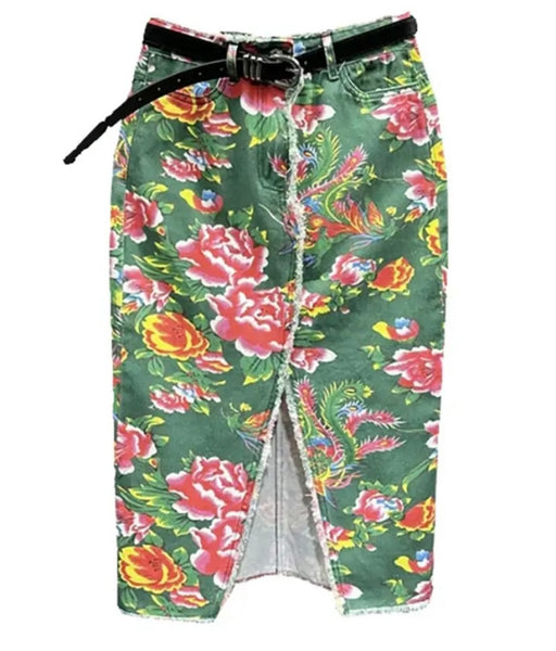 Women Sexy Fashion Green Floral Denim Long Skirt