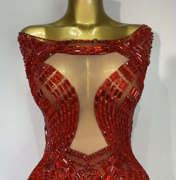 Women Sexy Sleeveless Red Crystal Mesh Dress