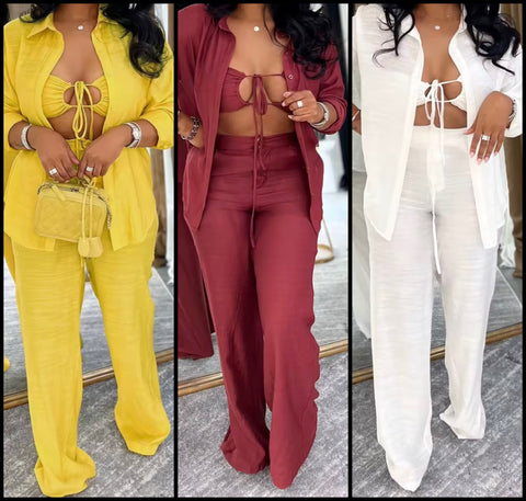 Women Color Sexy Full Sleeve Three Piece Pant Set