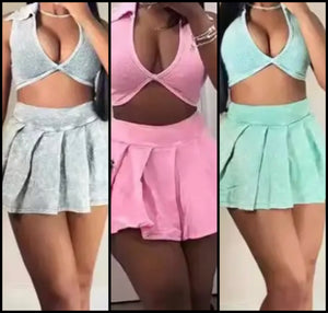 Women Sexy Solid Color Sleeveless Crop Two Piece Pleated Skirt Set