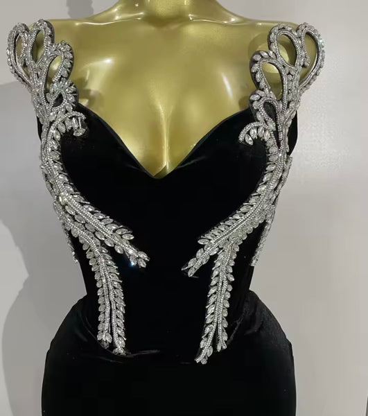 Women Sexy Strapless Rhinestone Black Velour Maxi Dress