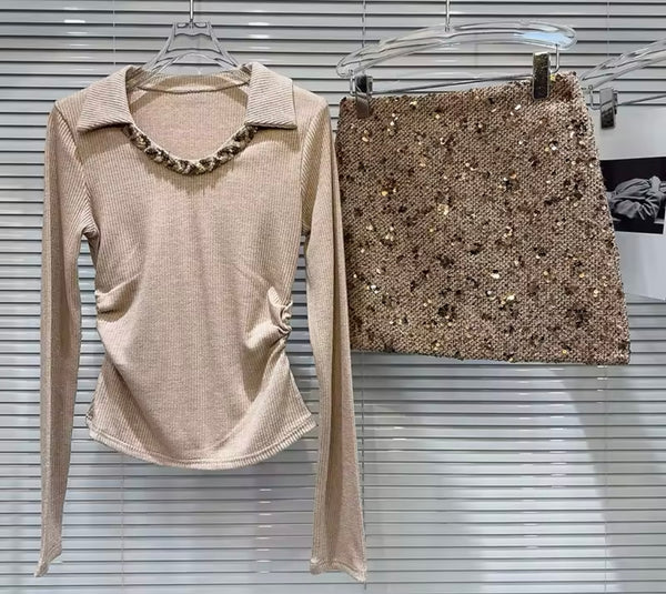 Women Sexy Full Sleeve Two Piece Sequins Skirt Set