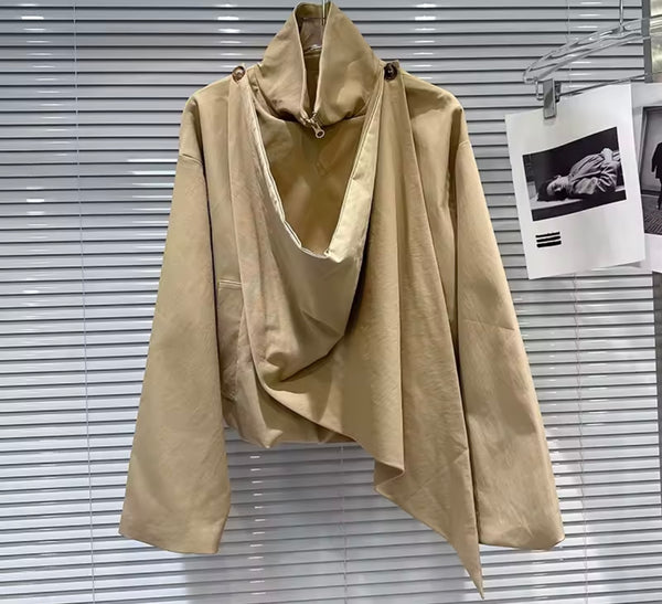 Women Fashion Khaki Draped Full Sleeve Two Piece Pleated Skirt Set