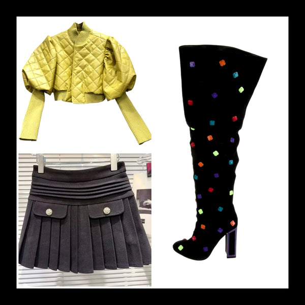 Women Fashion Black Colorful Print Suede Knee High Boots