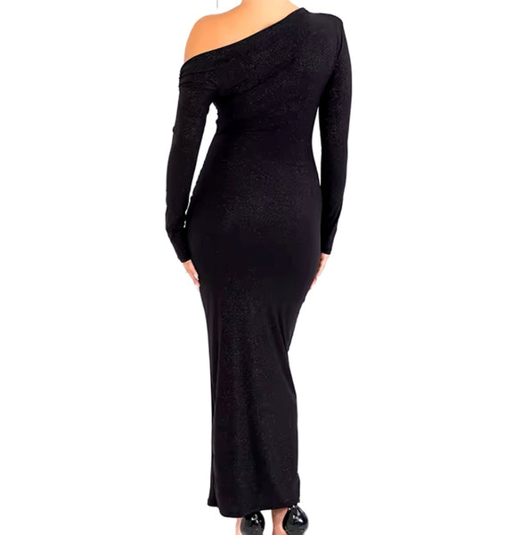 Women Sexy Sparkle One Shoulder Full Sleeve Maxi Dress
