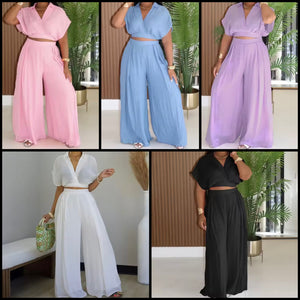 Women Color Short Sleeve Fashion Two Piece Wide Leg Pant Set