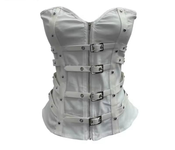 Women Strapless Zip Up Buckled Rivet Corset Top