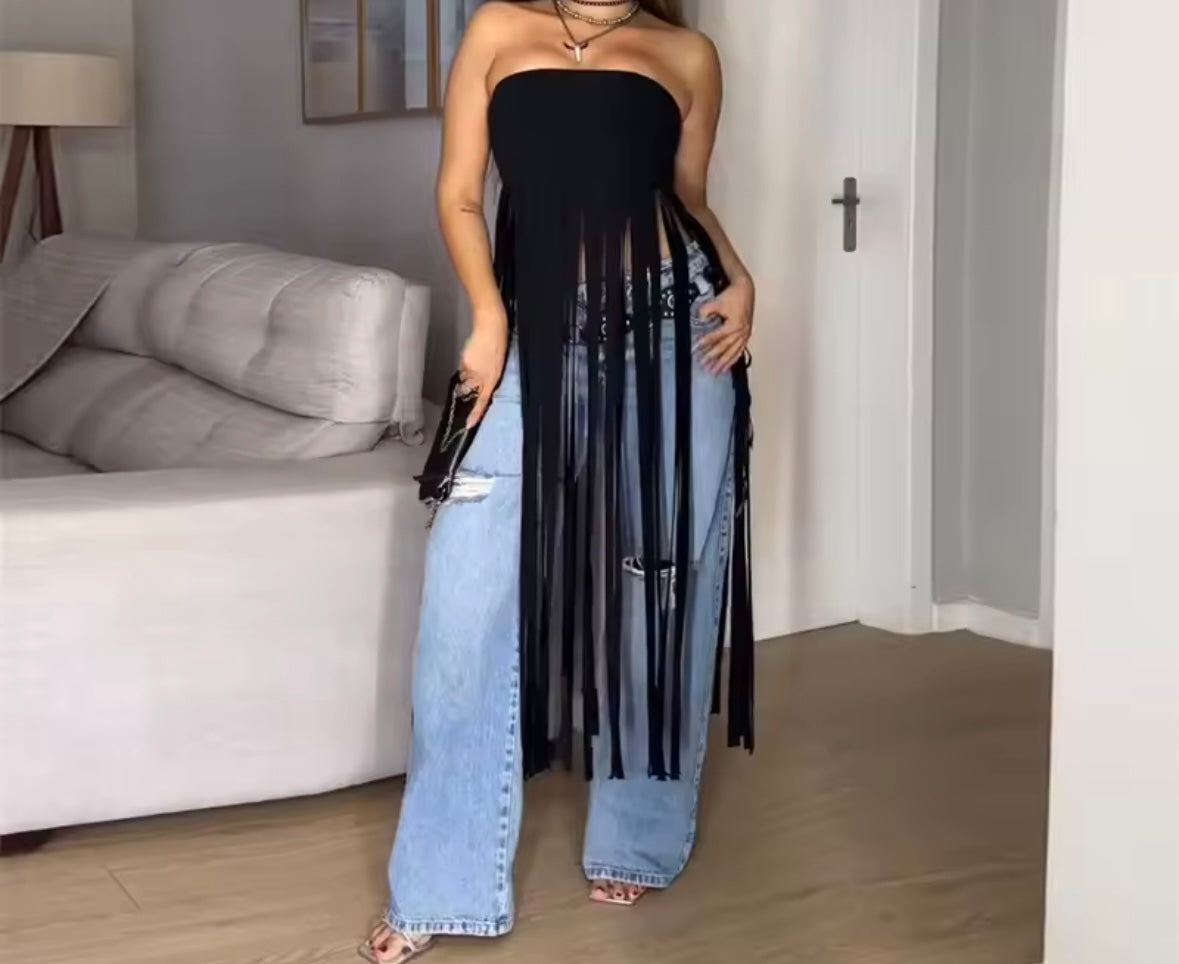 Women Fashion Strapless Suede Fringe Tassel Top