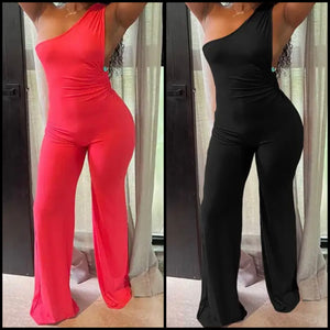 Women Sexy Solid Color One Shoulder Sleeveless Jumpsuit