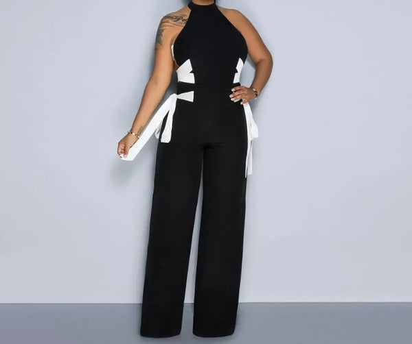 Women Black Sleeveless Sexy Side Tie Up Jumpsuit