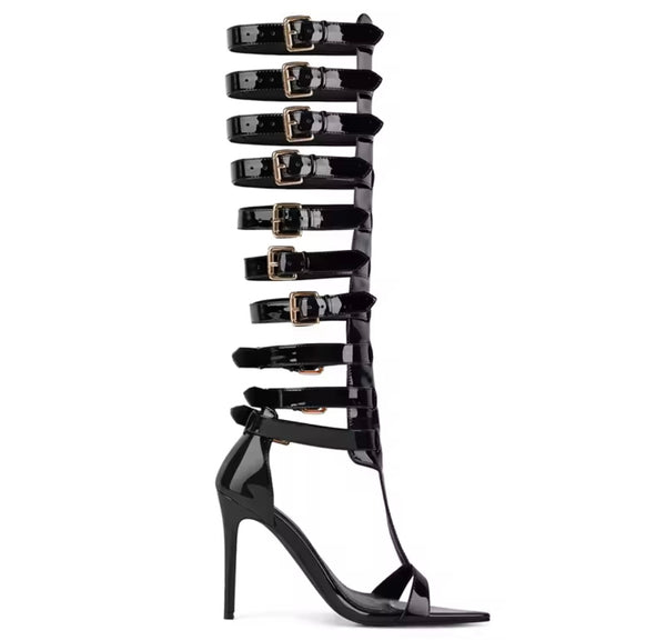 Women Fashion Black Open Toe Buckled Knee High Sandals