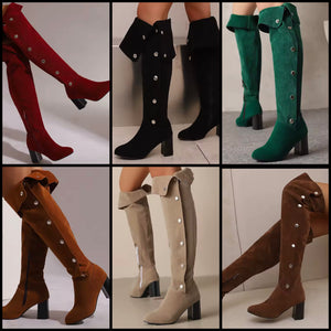 Women Color Suede Button Fashion Over The Knee Boots