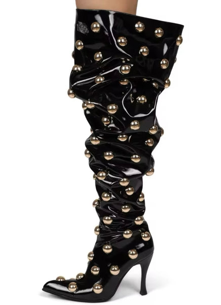 Women Fashion Black Gold Metal Over The Knee Boots