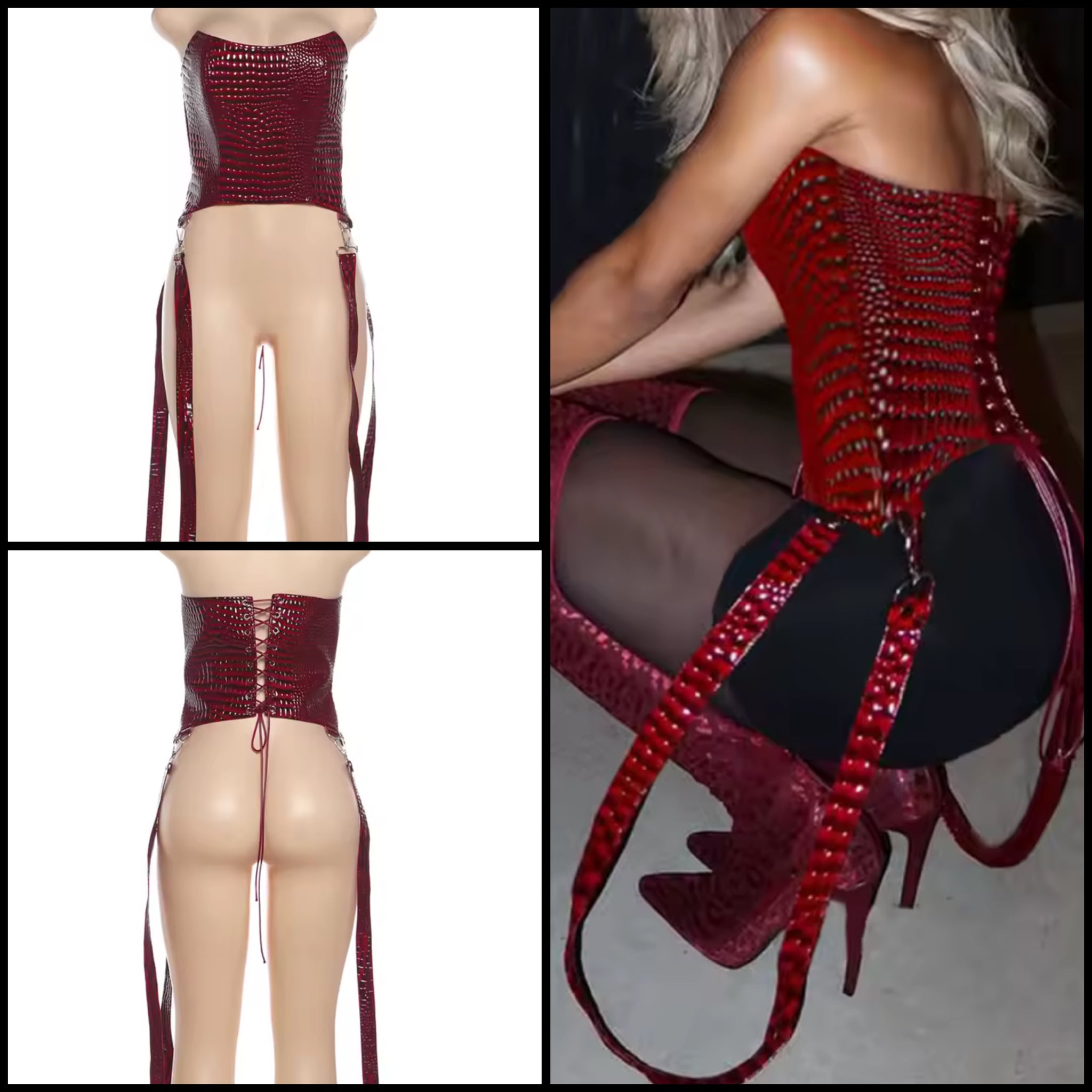 Women Sexy Fashion Burgundy Faux Leather Corset Top