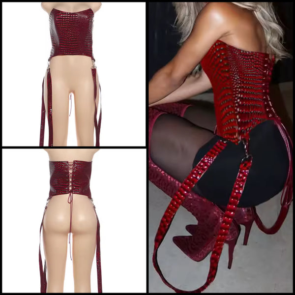 Women Sexy Fashion Burgundy Faux Leather Corset Top