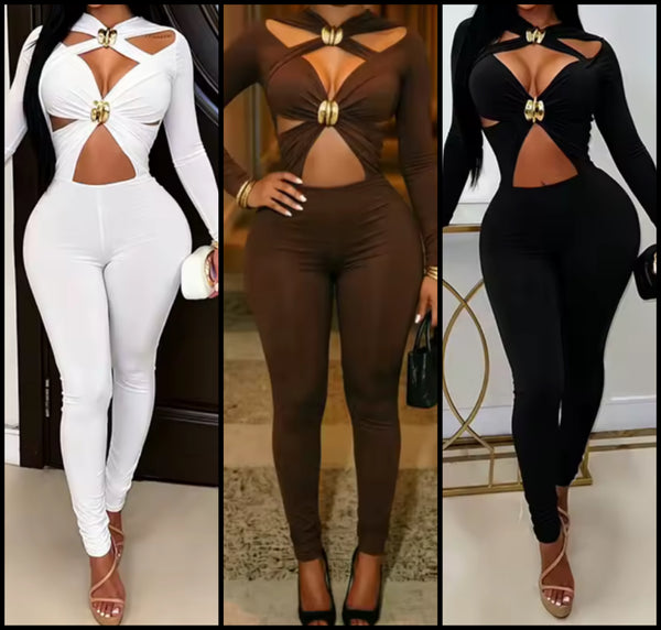 Women Sexy Metal Cut Out Full Sleeve Jumpsuit