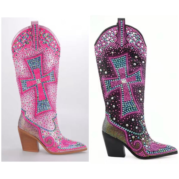 Women Fashion Colorful Print Bling Knee High Western Boots