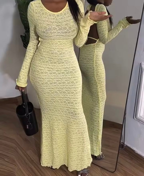 Women Yellow Lace Open Back Full Sleeve Sexy Maxi Dress