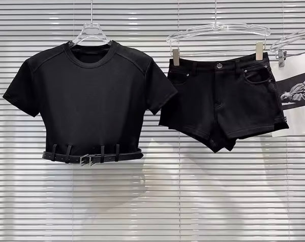 Women Fashion Belted Short Sleeve Crop Two Piece Short Set