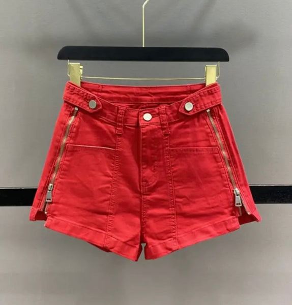 Women Red Fashion Zipper Denim Shorts