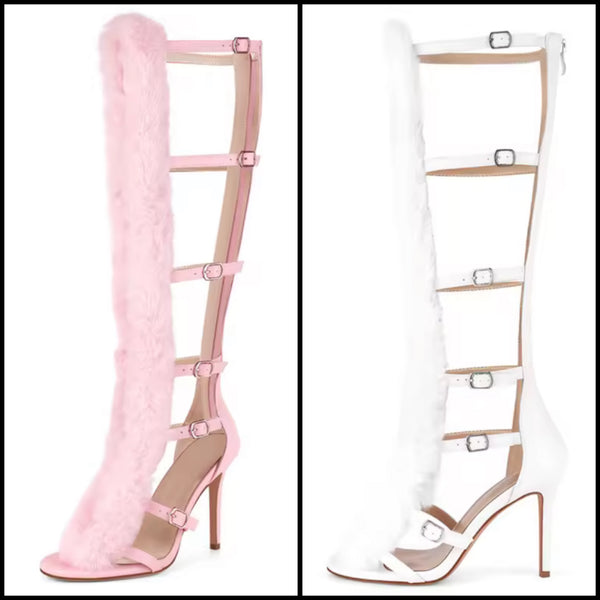 Women Fashion Fur Patchwork Buckled Knee High Sandals