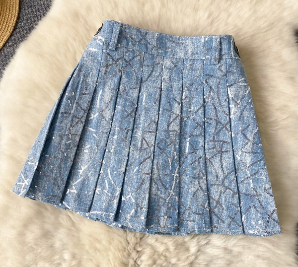 Women Sexy Strapless Sequins Patchwork Denim Two Piece Skirt Set