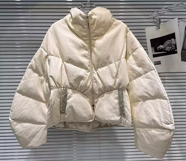 Women Fashion Rhinestone Pocket Puff Jacket