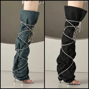 Women Fashion Open Toe Ripped Denim Lace Up Over The Knee Boots