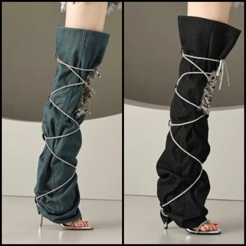 Women Fashion Open Toe Ripped Denim Lace Up Over The Knee Boots