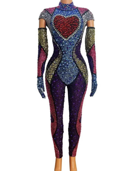 Women Multicolored Crystal Glove Fashion Jumpsuit