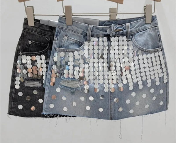 Women Fashion Silver Sequins Patchwork Denim Skirt