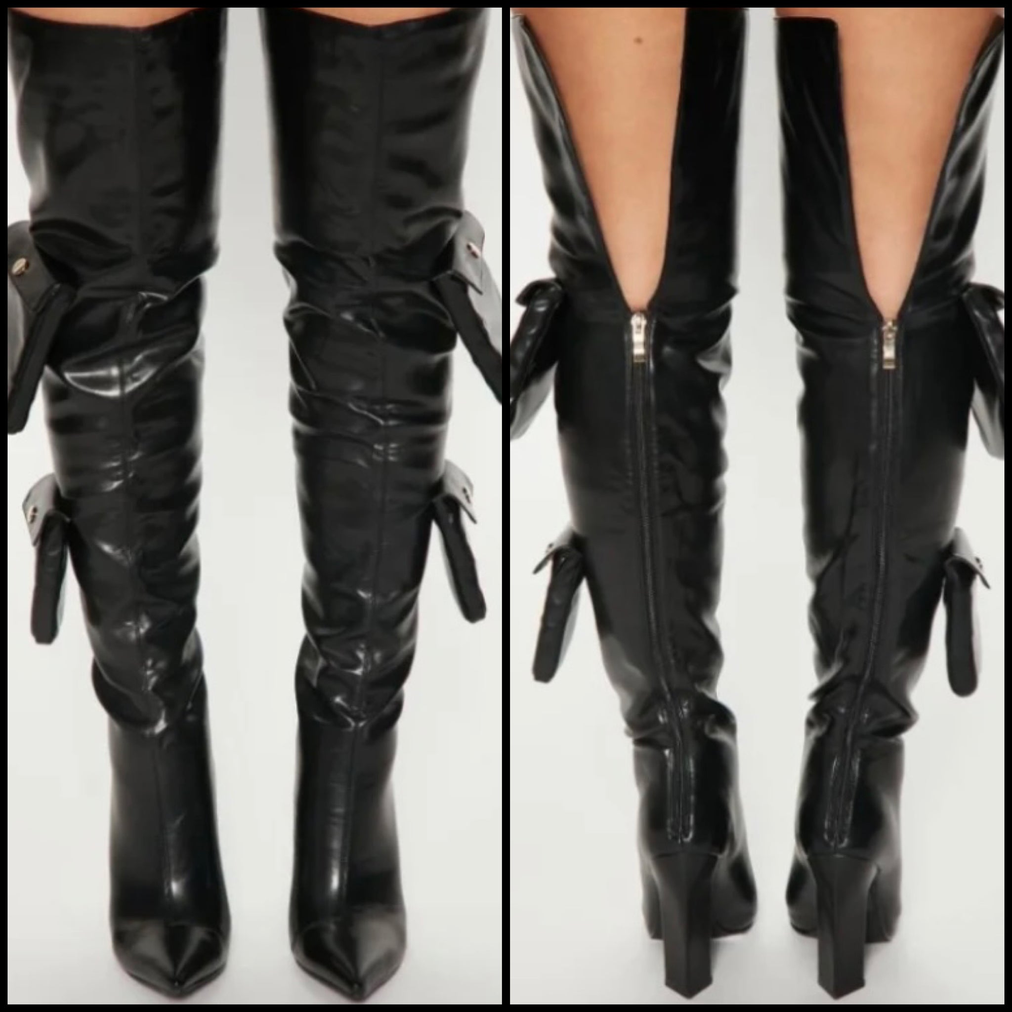 Women Black Faux Leather Pocket Fashion Over The Knee Boots